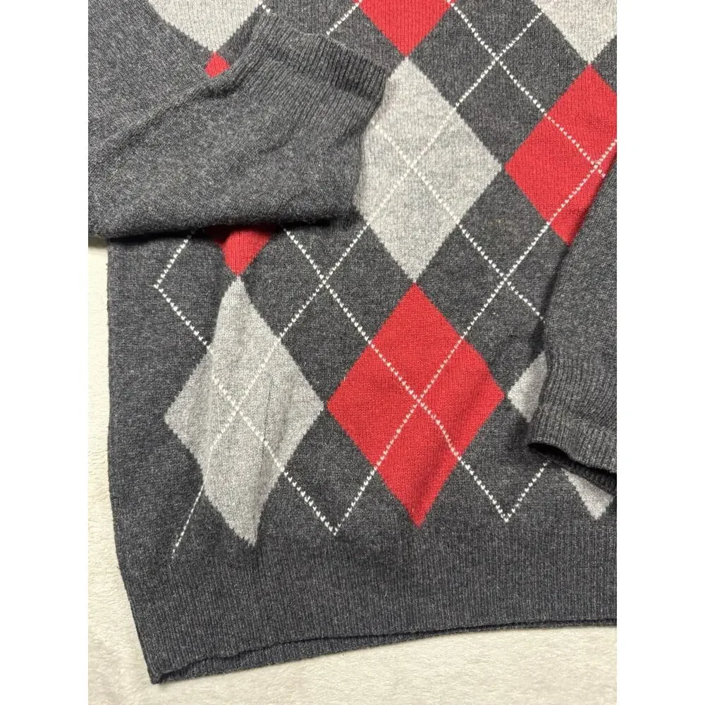 Jos A Bank Mens L Lambswool Blend Argyle Sweater Gray Red Crewneck